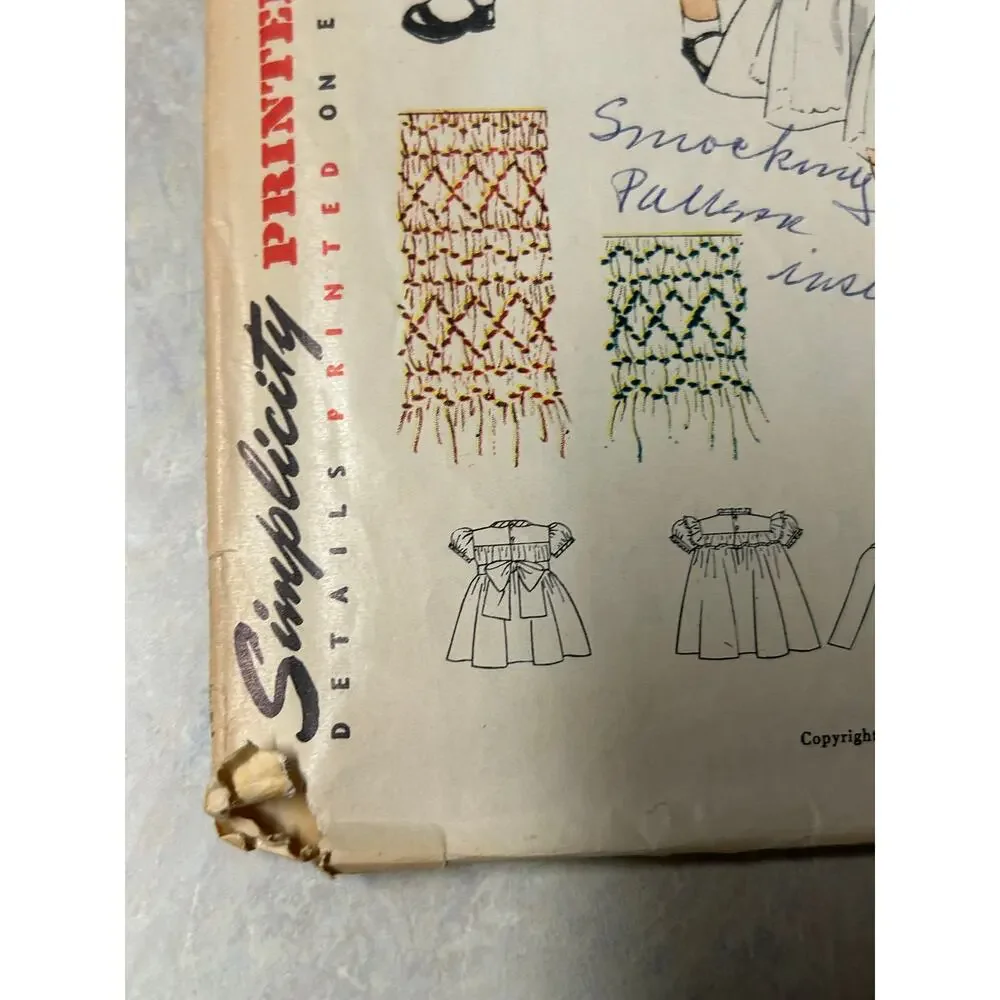 Vintage 1950's Simplicity Pattern #4169‎ Toddler Girls Smocked Dress Size 3